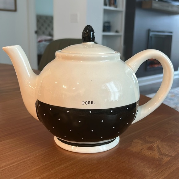 Rae Dunn "Pour" Tea Pot - cream with Black Polka Dots. RARE. - Picture 1 of 9
